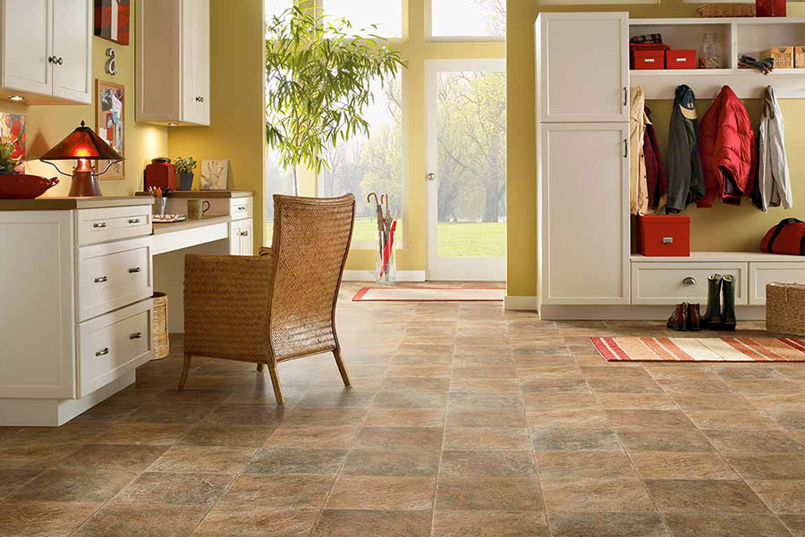  Wicker chair on brown tile floor