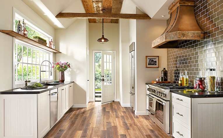 wood floors in white kitchen